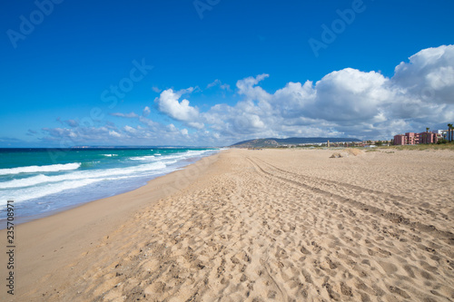 scenery of large sandy beach in Atlanterra next to Zahara de los Atunes village  Cadiz  Andalusia  Spain 