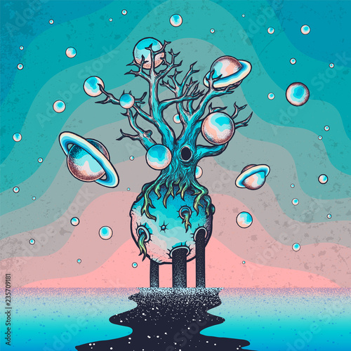 Hand drawn abstract mystery tree on the moon in deep space.