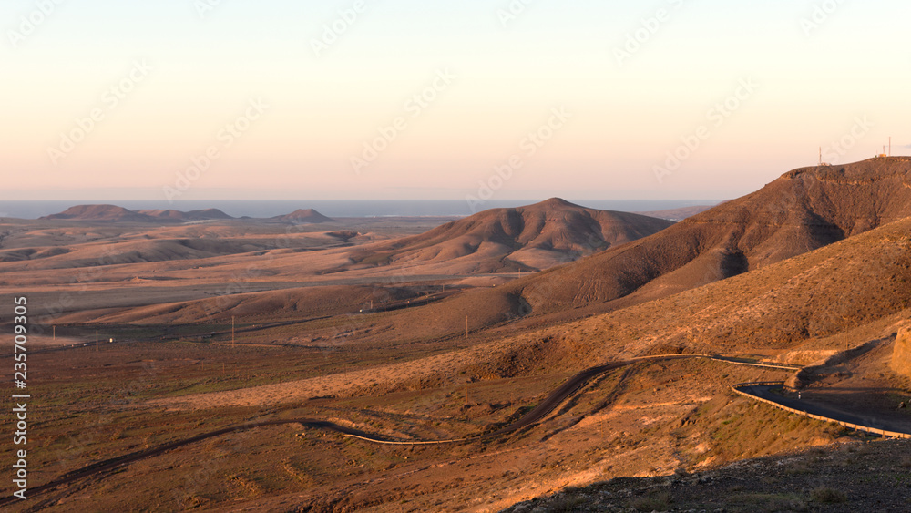 Sunset in the mountains of Fuerteventura. Canary Islands. Spain