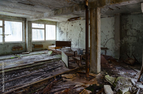 School in dead abandoned ghost town of Pripyat in Chernobyl NPP exclusion zone (after disaster, 32 years without people), Ukraine