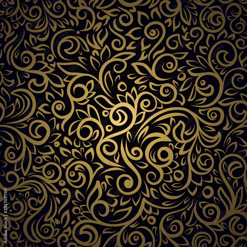 Seamless pattern with golden curls on black background
