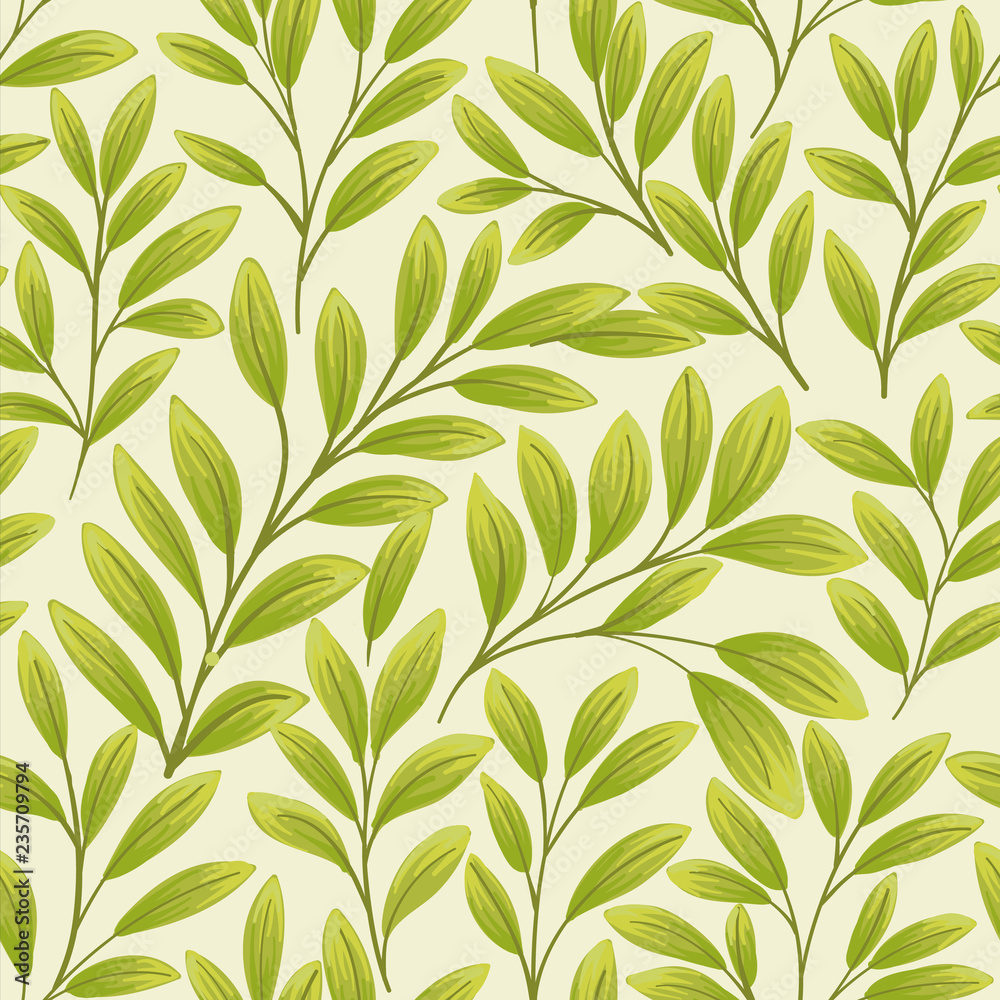 Green leaves on beige background. Seamless pattern Green leaves on beige background. Seamless pattern