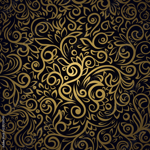 Seamless pattern with golden curls on black background