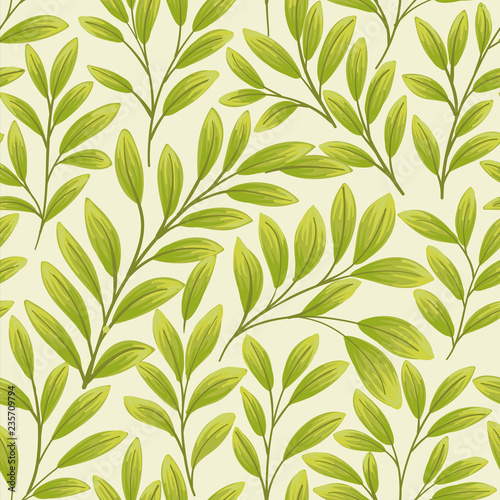 Green leaves on beige background. Seamless pattern
