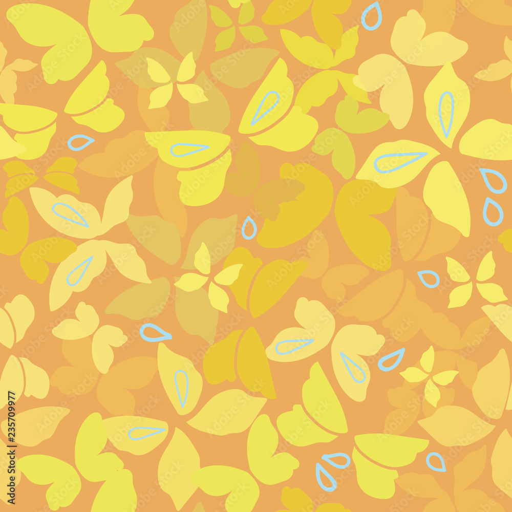 Orange seamless vector pattern with yellow butterflies. Surface pattern design.