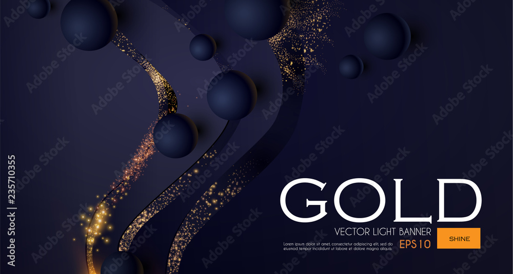 Fototapeta premium Abstract Light Waves Background with Gold Glitter Effect and Flying Spheres.