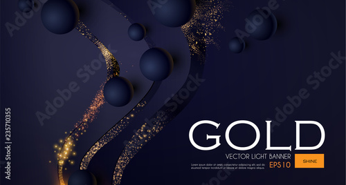 Abstract Light Waves Background with Gold Glitter Effect and Flying Spheres.
