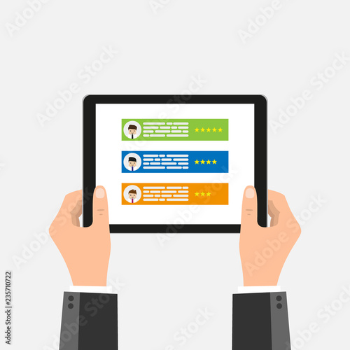Two hands holding Tablet with Resume on Screen. Job Seeking, Hiring, Human Resources Vector Concept. Flat Style Illustration