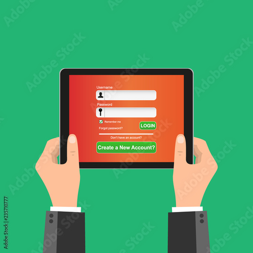 Hand holding tablet with user login form page and sign in button. Username and password box. Member profile log in, mobile application flat design concept.