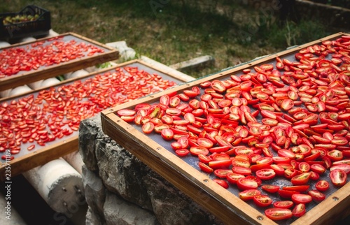 Sundried tomatoes drying in the sun in the Mediterranean