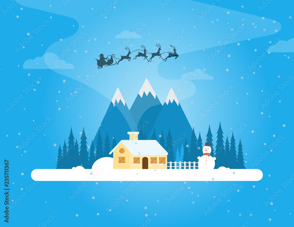Christmas winter landscape with a house in the forest. Snowy evening village in the forest on a background of mountains. Christmas snowman. Flat vector illustration
