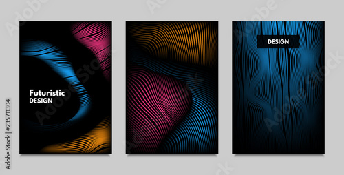 Geometry. Abstract Background Set With Movement and Volume Effect. Covers with Vibrant Gradient and Wavy Lines. Trendy Futuristic Illustration with Distort. Abstract Geometry for Brochure, Business. © ingara