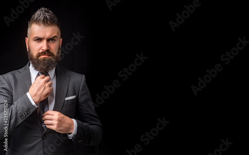 Rich bearded man dressed in classic suits. Elegance casual dress. Fashion suit. Bearded modern mens on black cackgriund isolated. Man in suit. Businessman confidence. Classical costume.
