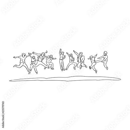 business people jumping together vector illustration sketch doodle hand drawn with black lines isolated on white background. Teamwork concept.