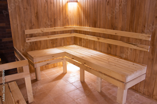 Sauna is wooden. Body rest. Steam on the coals. health