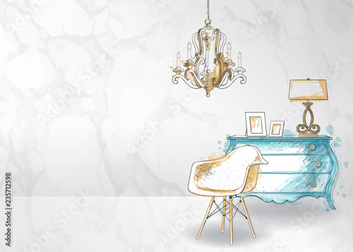 interior design of hand drawn furniture, apartment