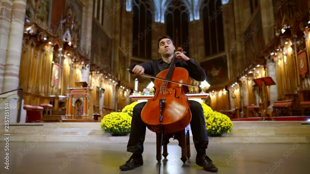 Man professional classical musician playing cello in the Cathedral