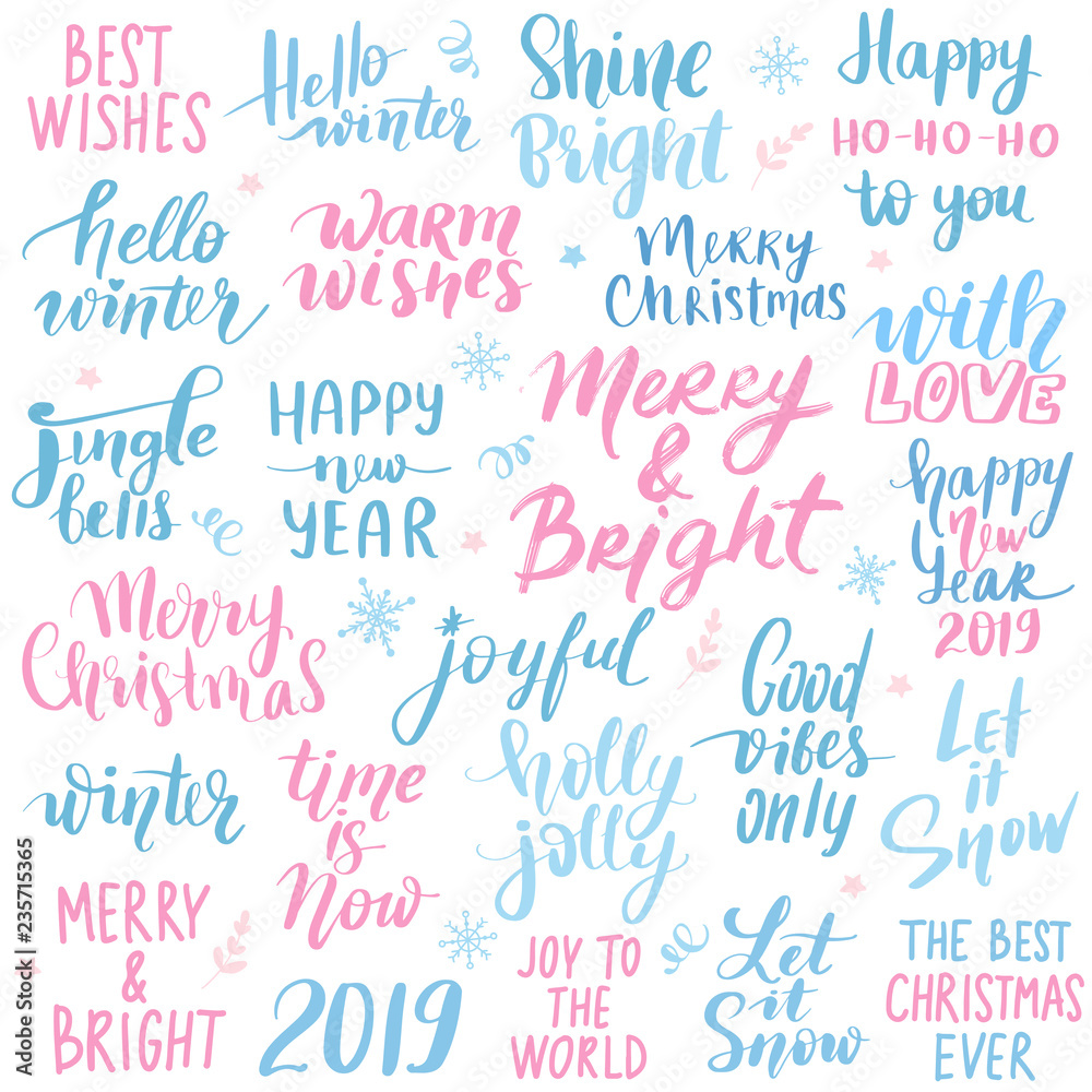 Set Merry Christmas and Happy New Year 2019 Vector hand drawn lettering phrases Set Merry Christmas and Happy New Year 2019 Vector hand drawn lettering phrases
