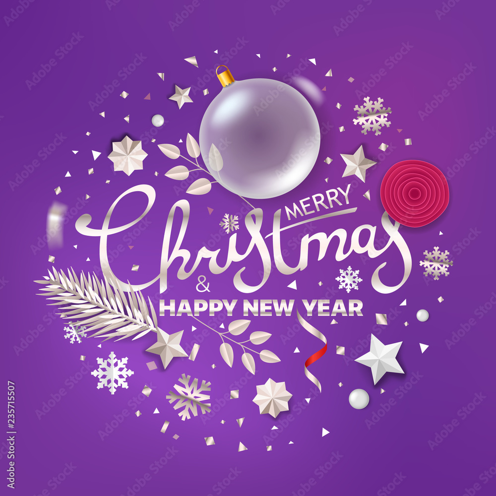 Fototapeta premium Merry Christmas and Happy New Year lettering. Vector greeting card