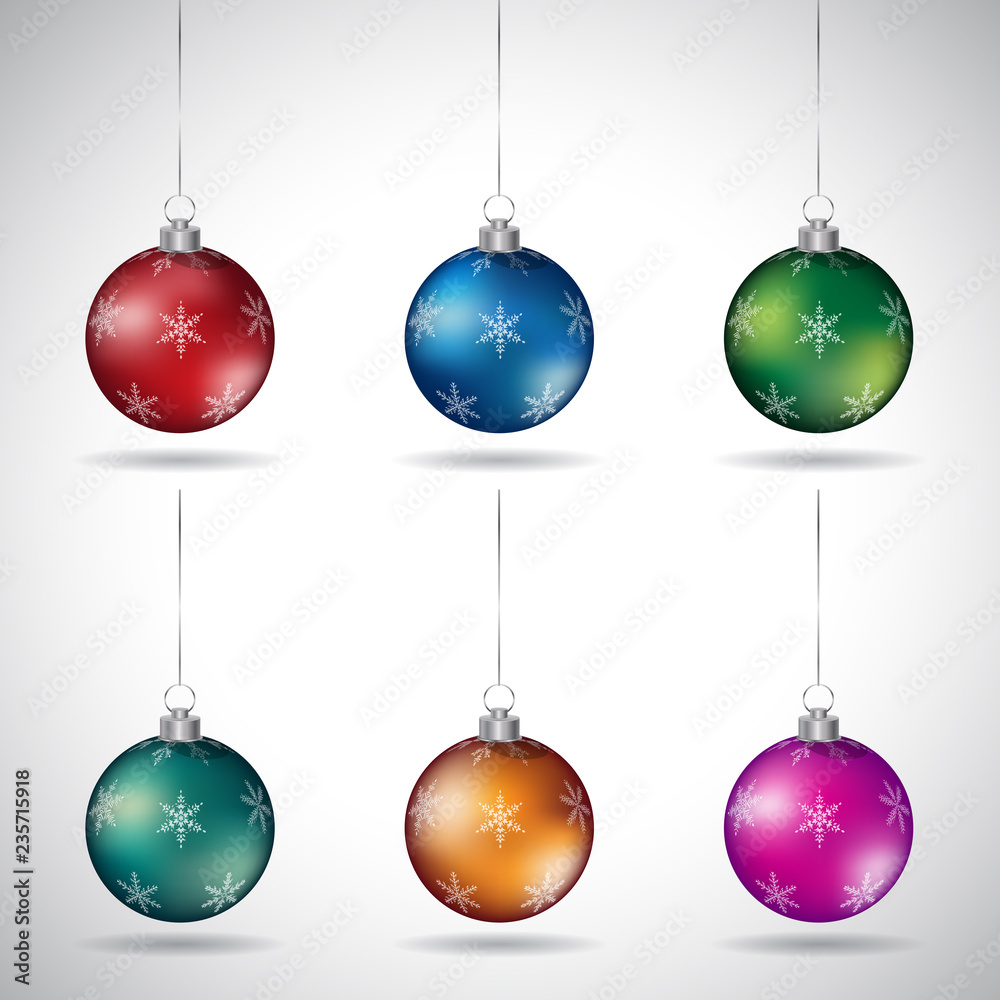 Obraz premium Christmas Balls with Various Snowflake Designs and Silver String Vector Illustration