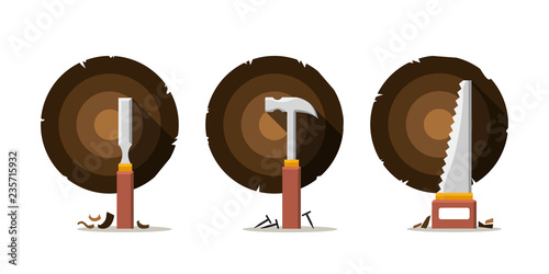 Carpenter and woodworking tools. Chisel, hammer and saw next to slice of cut tree. Vector illustration in flat design.