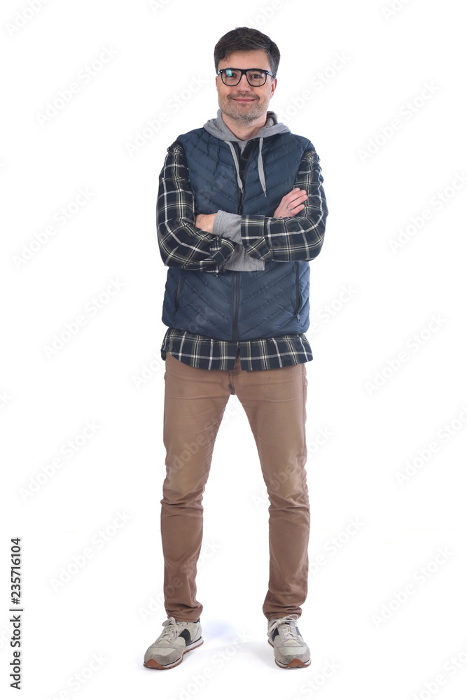 full portrait of a man crossed amrs smiling on white background full portrait of a man crossed amrs smiling on white background