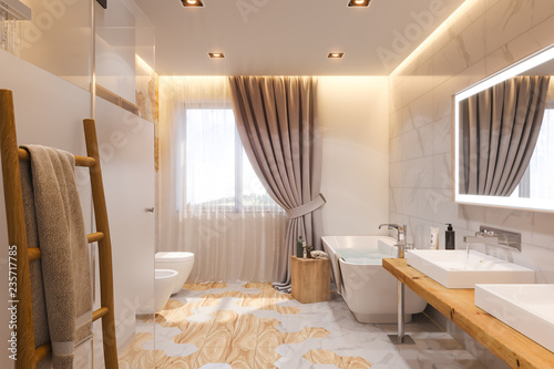Interior design of a bathroom, 3d illustration in a Scandinavian style