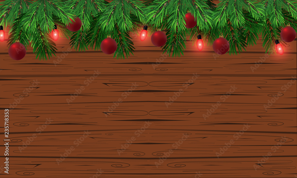 Fototapeta premium Vector holiday wood texture background with fir branches and Christmas lights Christmas & New Year design: wooden background with Christmas lights garland. Vector illustration