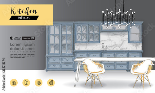 Banner of hand drawn furniture kitchen, apartment, promotion, sale, ads