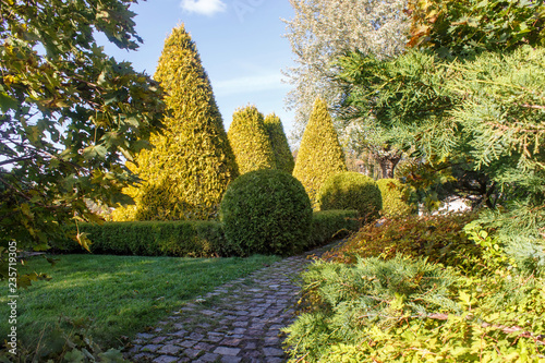 Cottage garden with topiary and trimmed bushes.