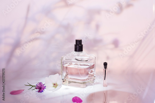 фотографія Different perfume bottles and sampler with plants on a pink floral background
