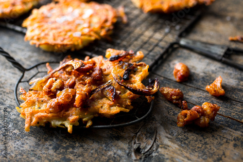 Close up of schmaltz latke on wooden table photo