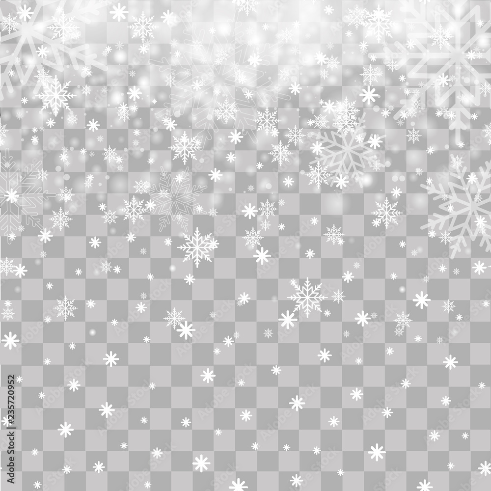 Falling snowflakes on transparent background for Christmas or New Year. Vector - obrazy, fototapety, plakaty 