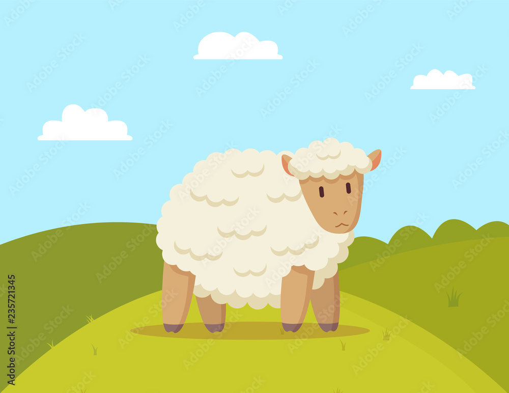 Fluffy Sheep Walking on Meadow Colorful Poster Fluffy Sheep Walking on Meadow Colorful Poster