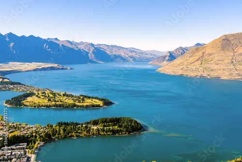 Beautiful panoramic aerial view of Ben Lomond Lake Scenic reserve with mountains in the background, Queenstown, New Zealand.