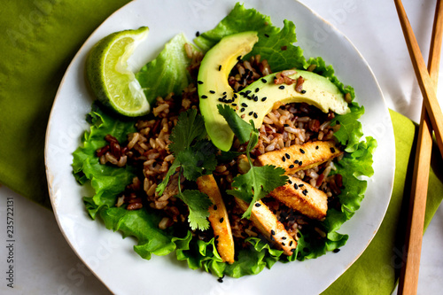 Close up of rise garnish with baked tofu, peanuts served on plate
