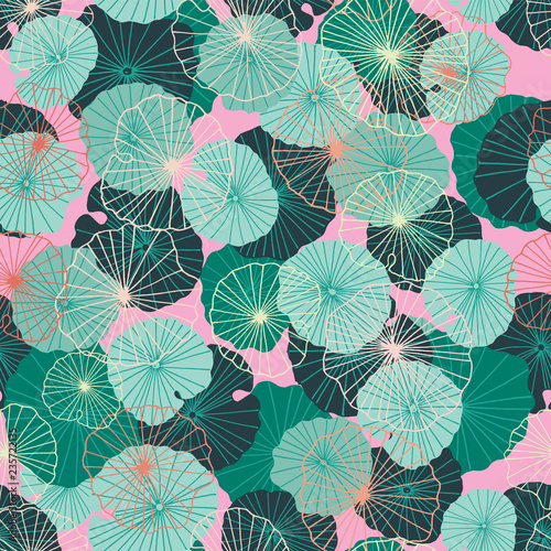 Colorful waterlily leaves in a tropical, exotic style. Seamless vector pattern or background.