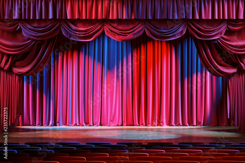 Empty theater stage with red velvet curtains. 3d illustration photo