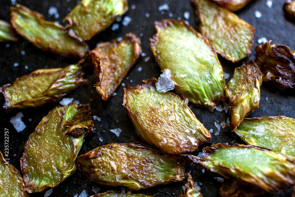 Close up of fried broccoli stem slices Close up of fried broccoli stem slices