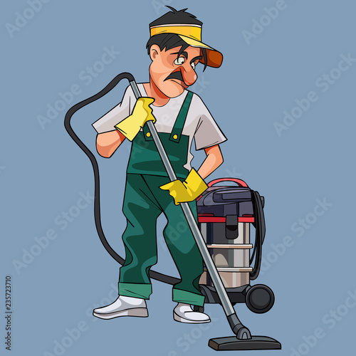 cartoon male cleaner in uniform with vacuum cleaner