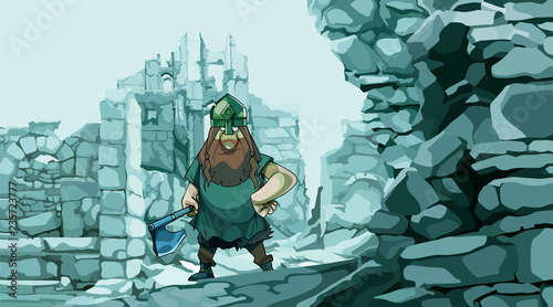 cartoon viking with an ax in the stone ruins of a fortress