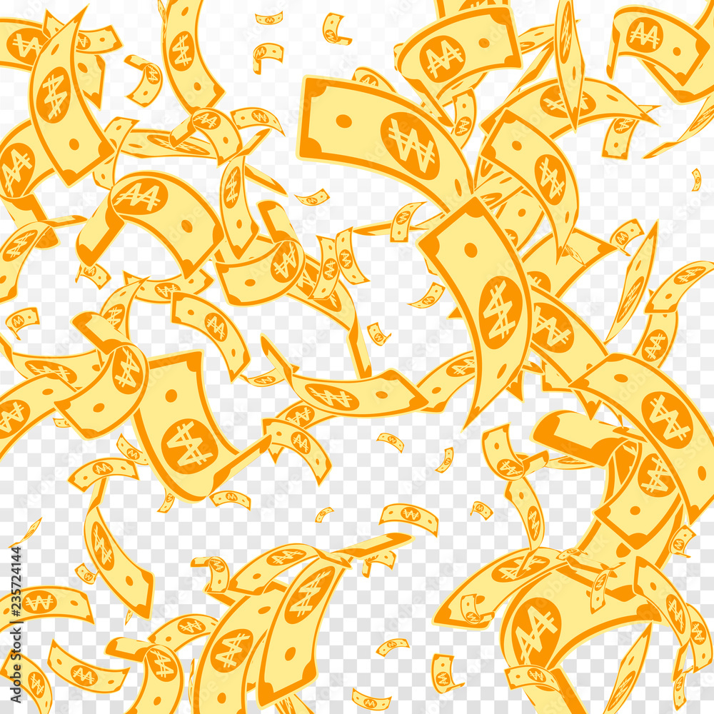 Obraz premium Korean won notes falling. Random WON bills on tran