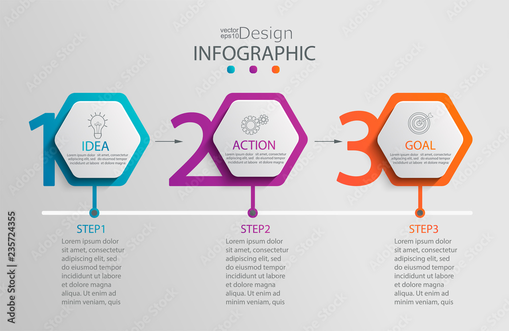 Paper infographic template with 3 hexagon options for presentation and data visualization.Business process chart.Diagram with three steps to success.For content,flowchart,workflow.Vector illustration - obrazy, fototapety, plakaty 
