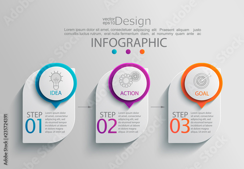 Paper infographic template with 3 options for presentation and data visualization. Business process chart.Diagram with three steps to success.For content, flowchart, workflow.Vector illustration
