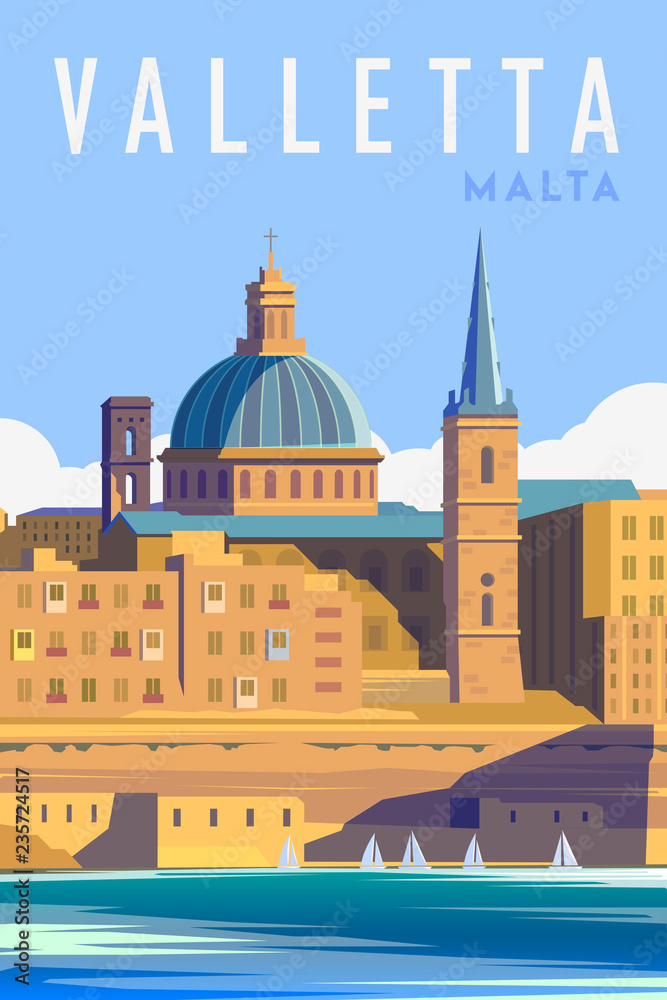 Vector art deco retro poster. Valletta Malta.