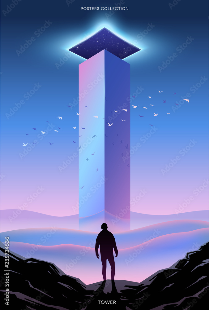 Surreal vector poster. Motivation and success. Tower. - obrazy, fototapety, plakaty 