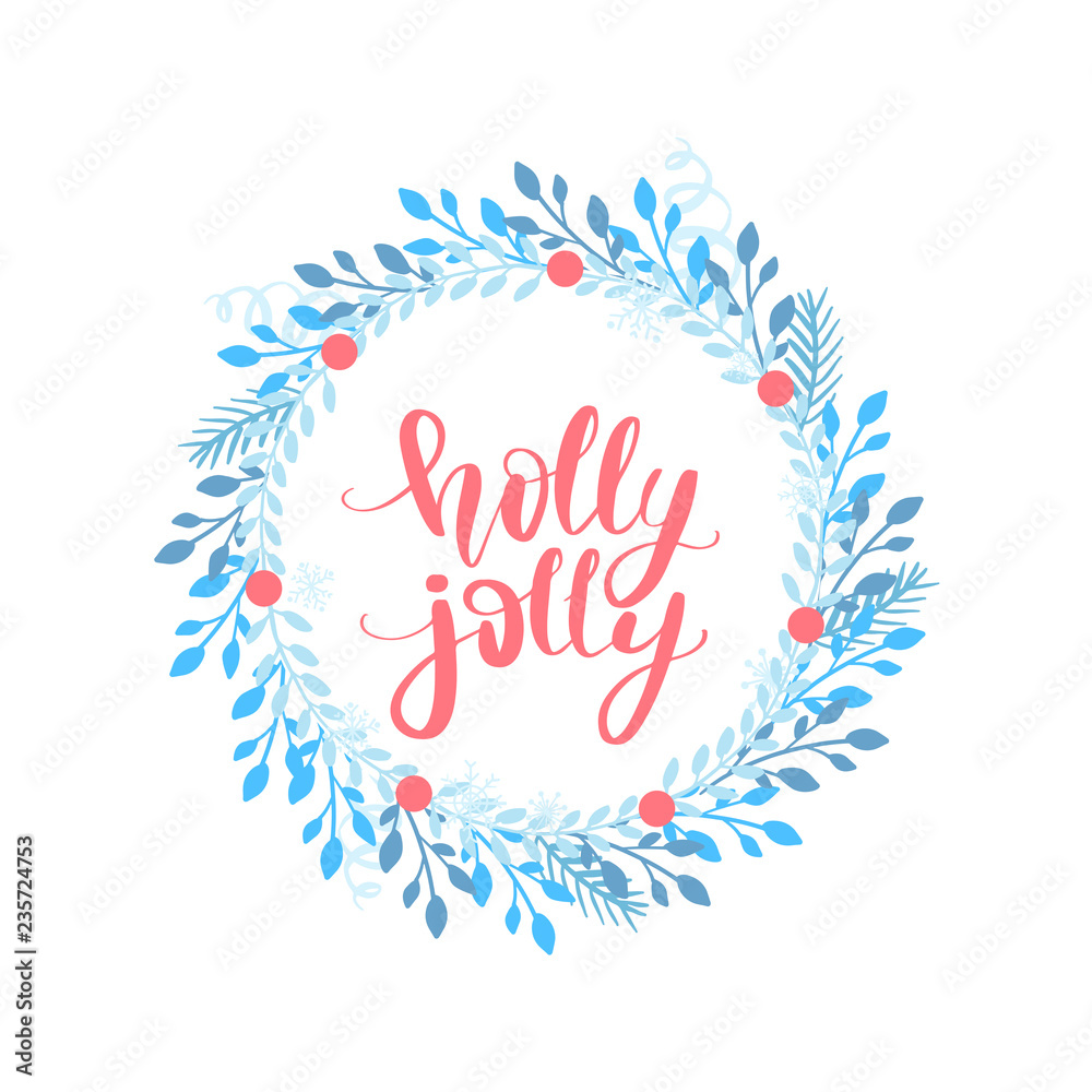 Obraz premium Merry Christmas and Happy New Year vector card. Holidays frame with leaves and branches.