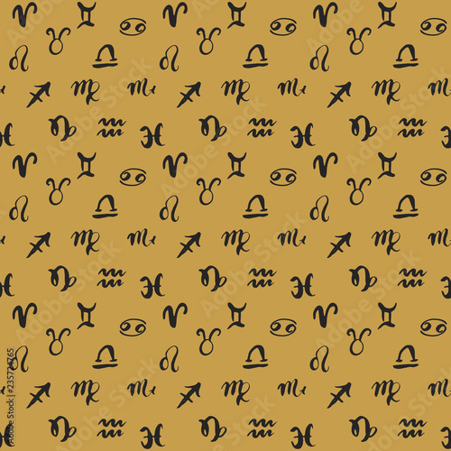 Zodiac signs seamless pattern. Hand drawn horoscope astrology symbols, grunge textured design, typography print, vector illustration