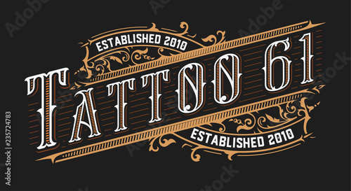 Tattoo logo template. Old lettering on dark background with floral ornaments. Vector layered photo