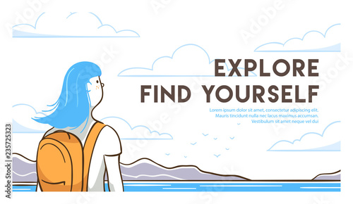 Close up of travel girl outdoors. Line art vector illustration.